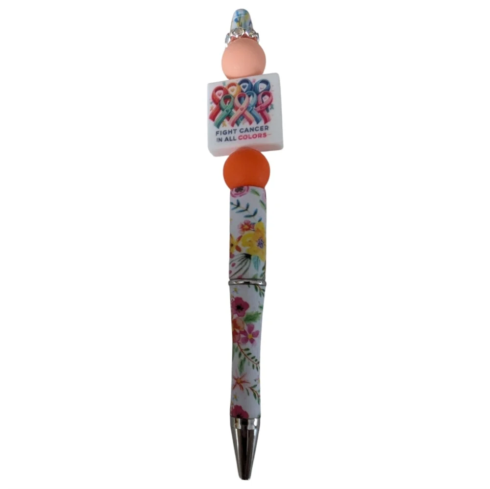 Hand Crafted Fight Cancer Pen ribbons floral beads white